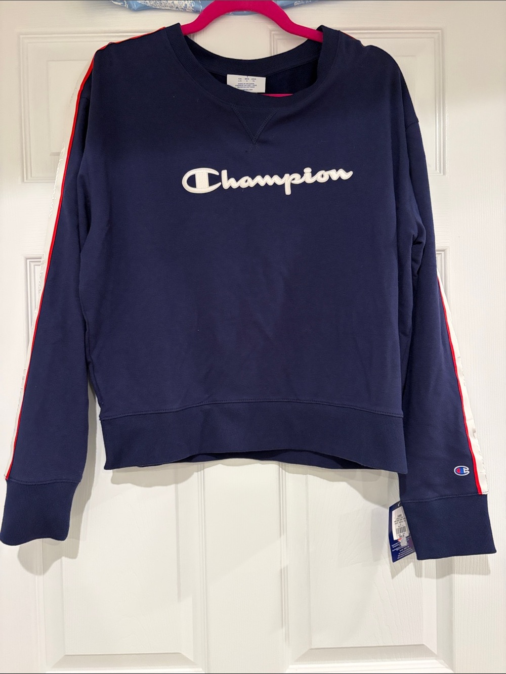Champion Navy Crewneck with Red & White Sleeve Stripes